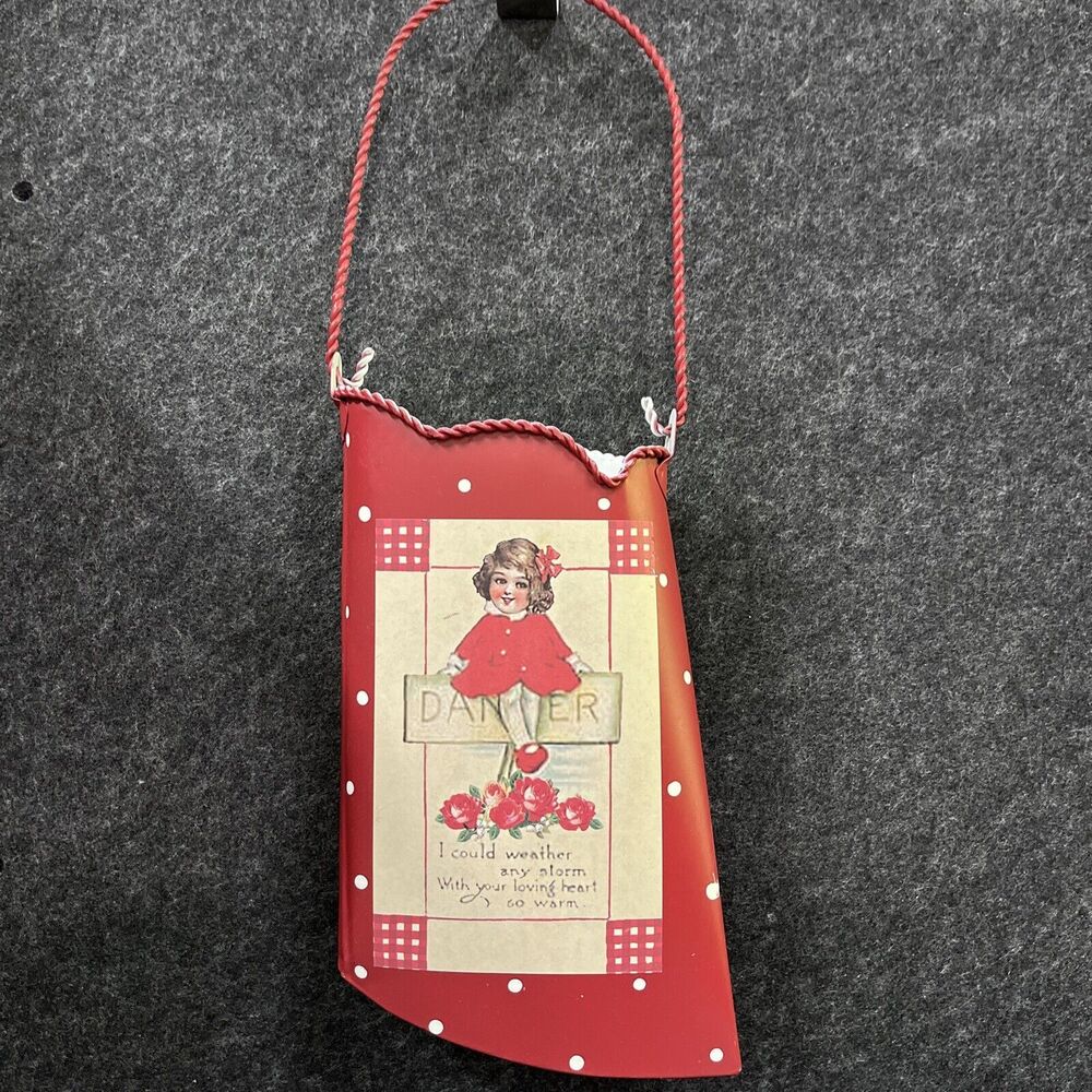 Vintage Red Metal Wall Pocket Door Mail Hanger Antique Style Print Little Girl
